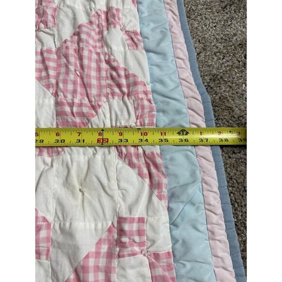 Vintage Blue and Pink Drunkards Path Quilt – FRENCH GENERAL Vintage HANDMADE QUILT Drunkard’s Path Pink Blue Cottage Checker Pinwheel 50x38